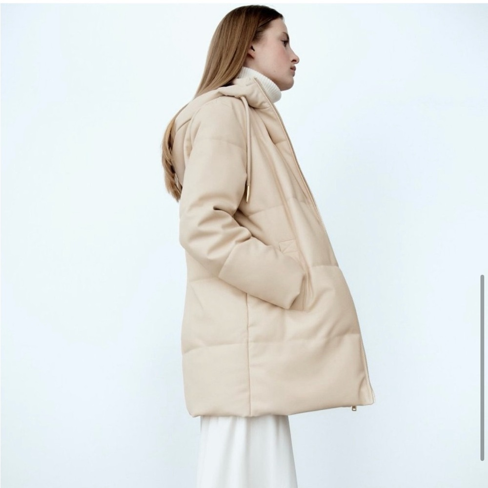 Zara Wind Protection Faux Leather Puffer Coat in Ecru - Picture 2 of 5